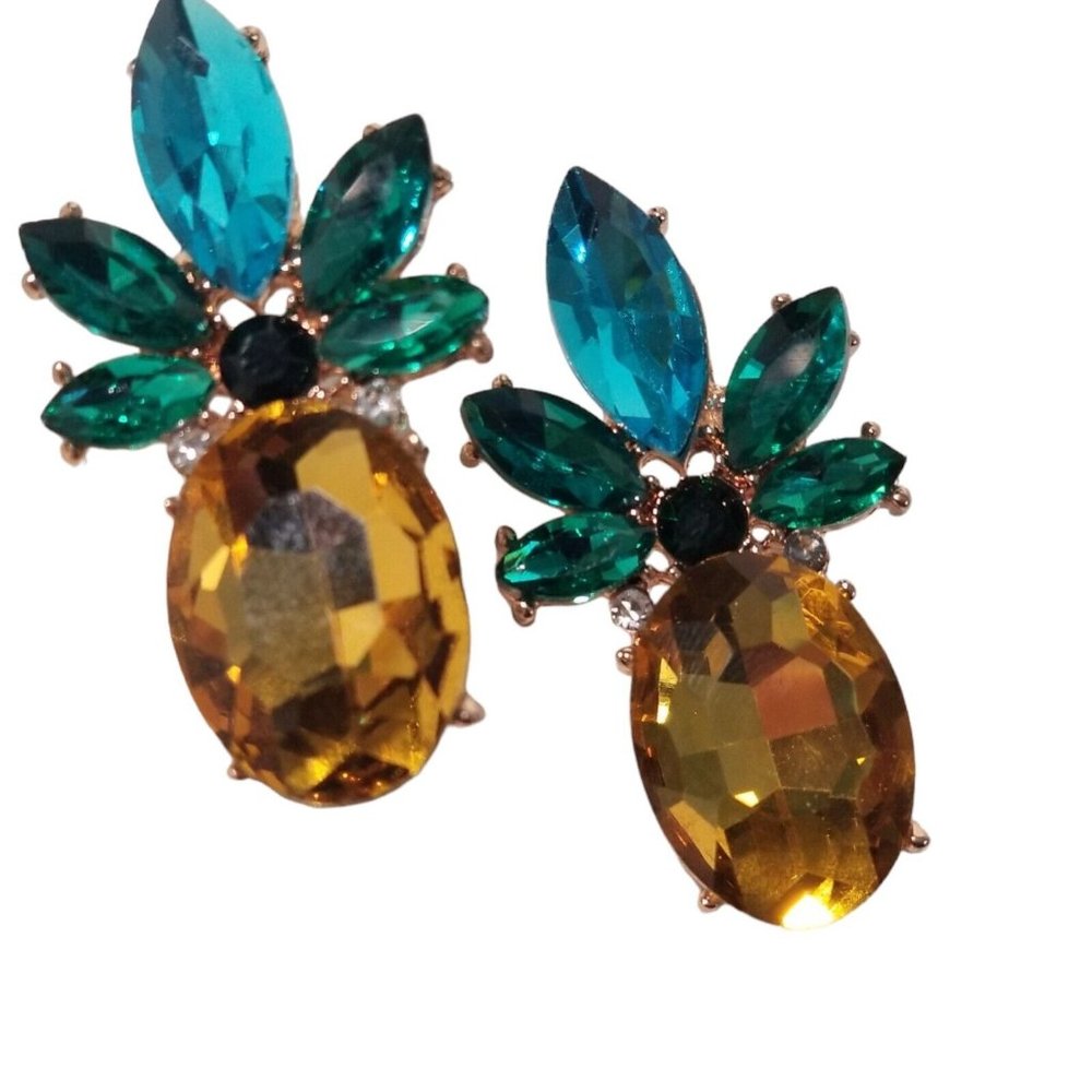 Pineapple Earrings Pierced Marquise Blue Green Yellow Fancy Shiny Summer Luau